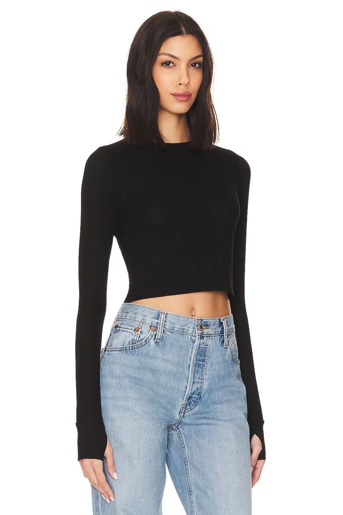 Kadın Siyah Bisiklet Yaka Parmak Geçirmeli Çift Katlı Sandy Kumaş Crop Bluz