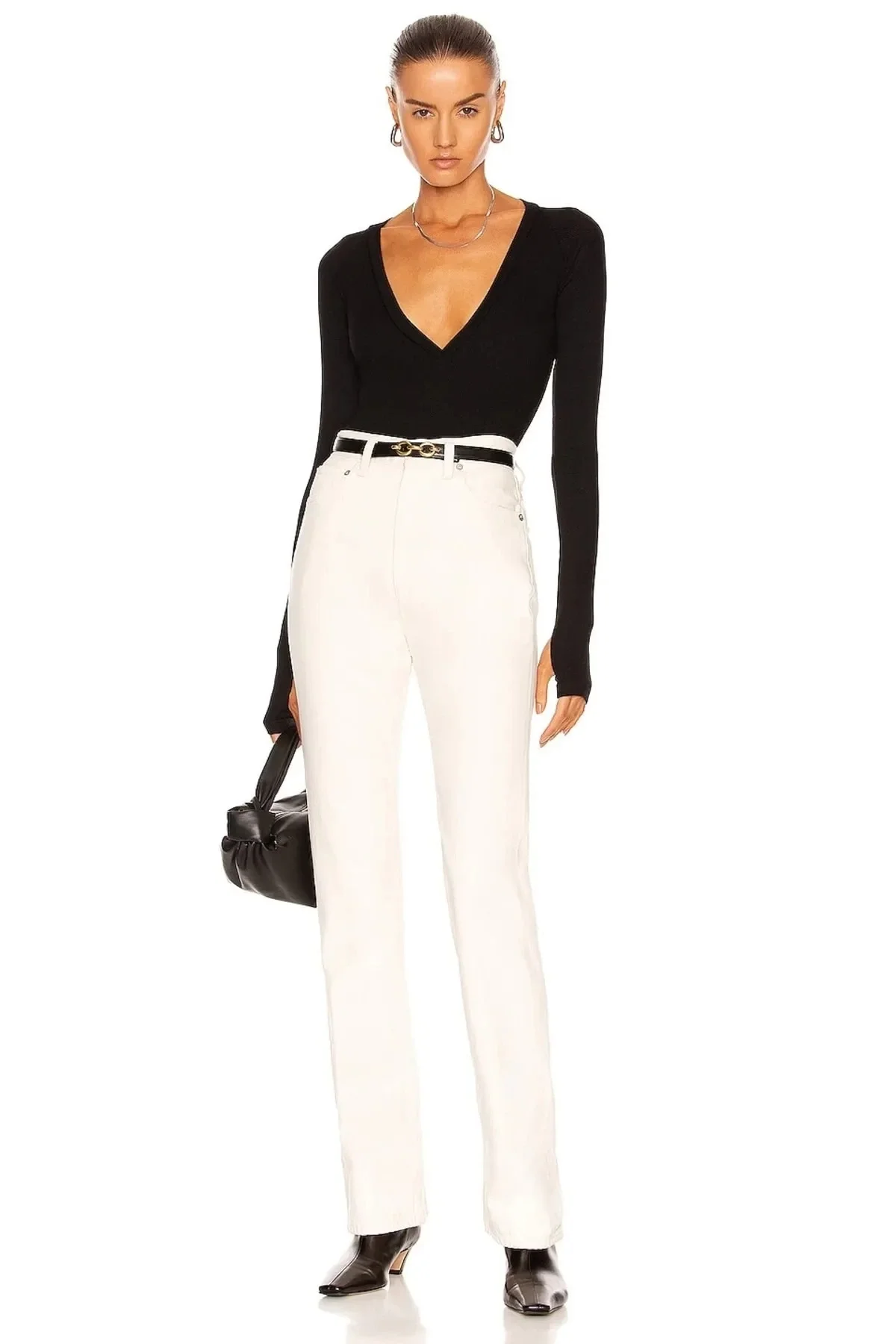 Kadın Siyah V Yaka Parmak Geçirmeli Çift Katlı Sandy Kumaş Tanga Bodysuit