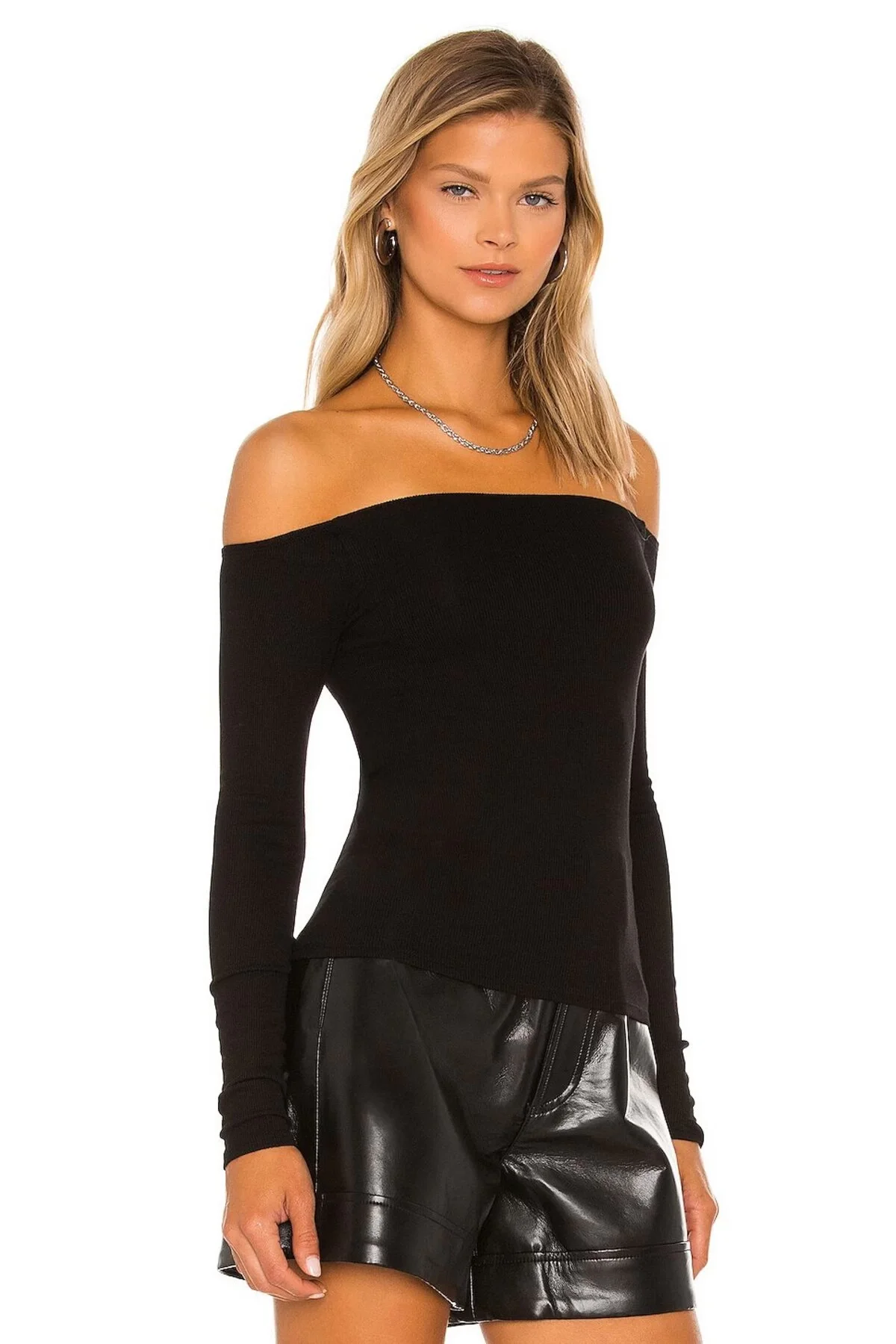 Kadın Siyah Madonna Yaka Uzun Kollu Çift Katlı Sandy Kumaş Basic Bluz