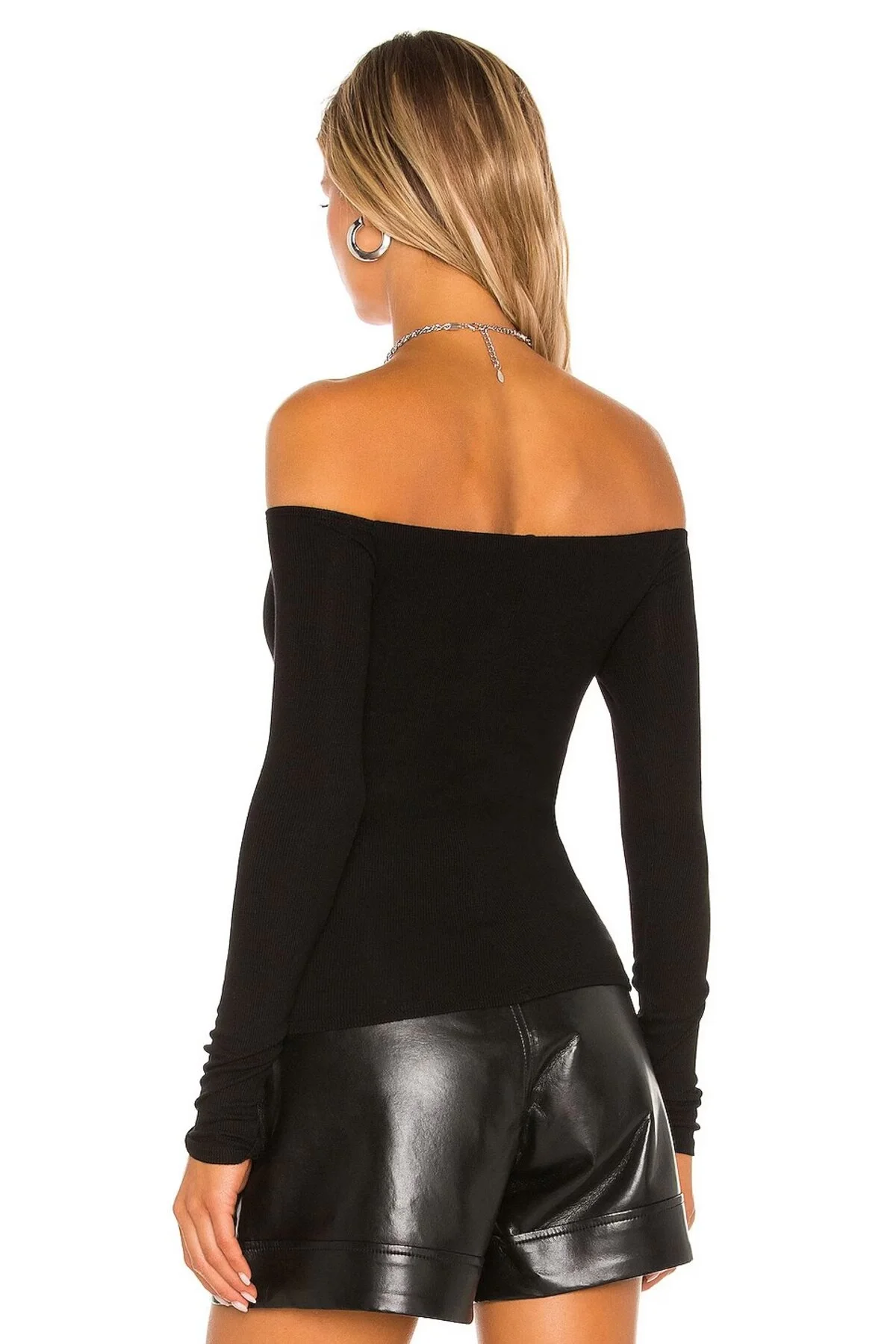 Kadın Siyah Madonna Yaka Uzun Kollu Çift Katlı Sandy Kumaş Basic Bluz