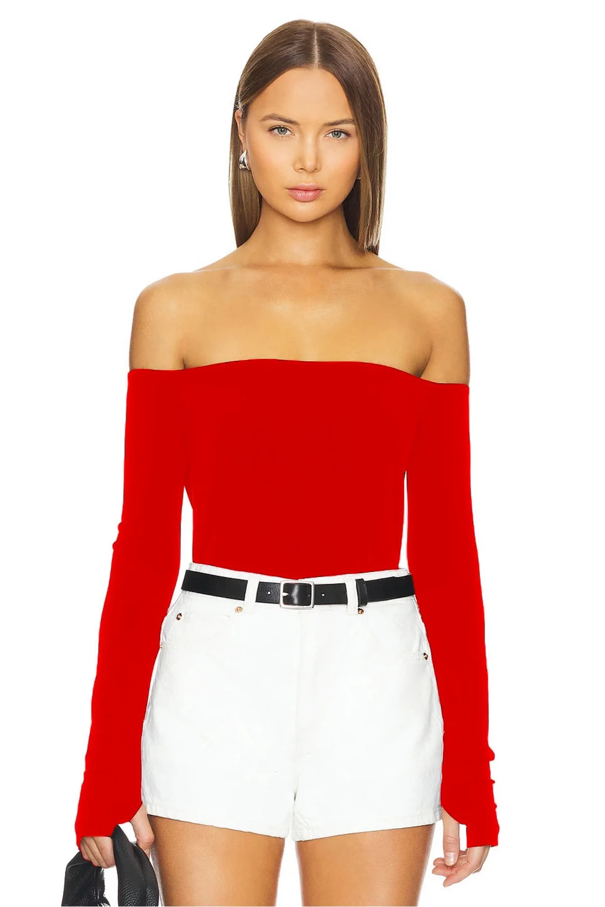 Kadın Kırmızı Madonna Yaka Uzun Kollu Parmak Geçmeli Sandy Kumaş Bluz