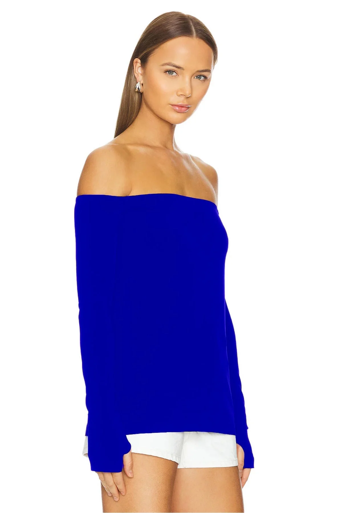 Kadın Mavi Madonna Yaka Uzun Kollu Parmak Geçmeli Sandy Kumaş Bluz