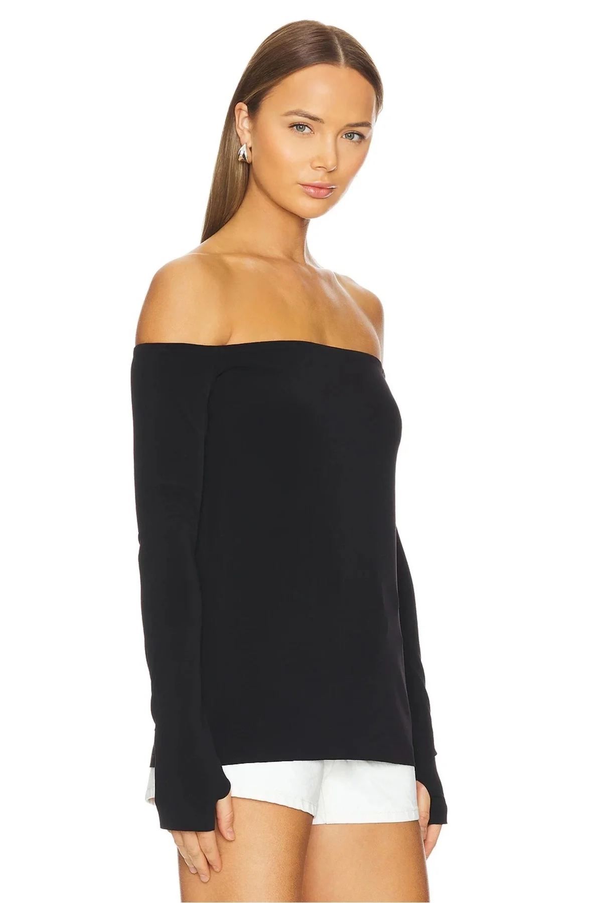 Kadın Siyah Madonna Yaka Uzun Kollu Parmak Geçmeli Sandy Kumaş Bluz