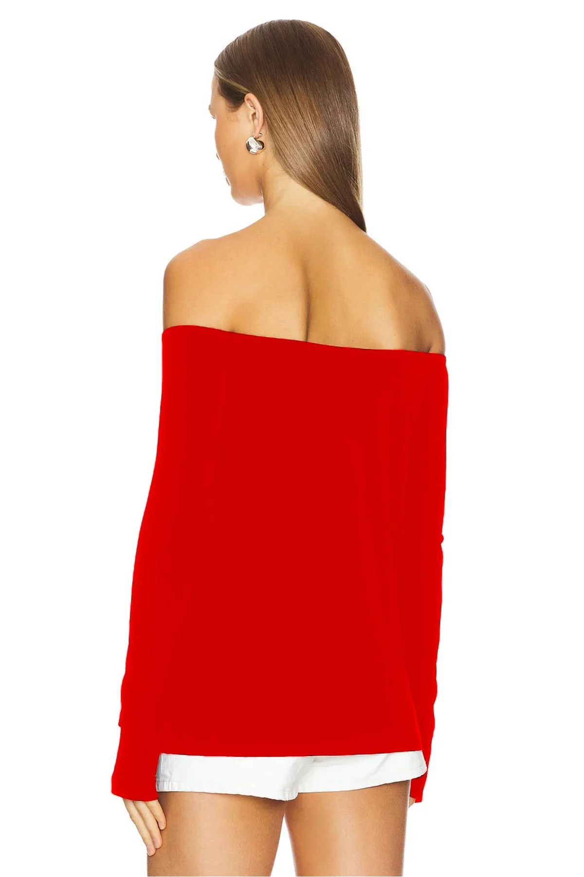 Kadın Kırmızı Madonna Yaka Uzun Kollu Parmak Geçmeli Sandy Kumaş Bluz