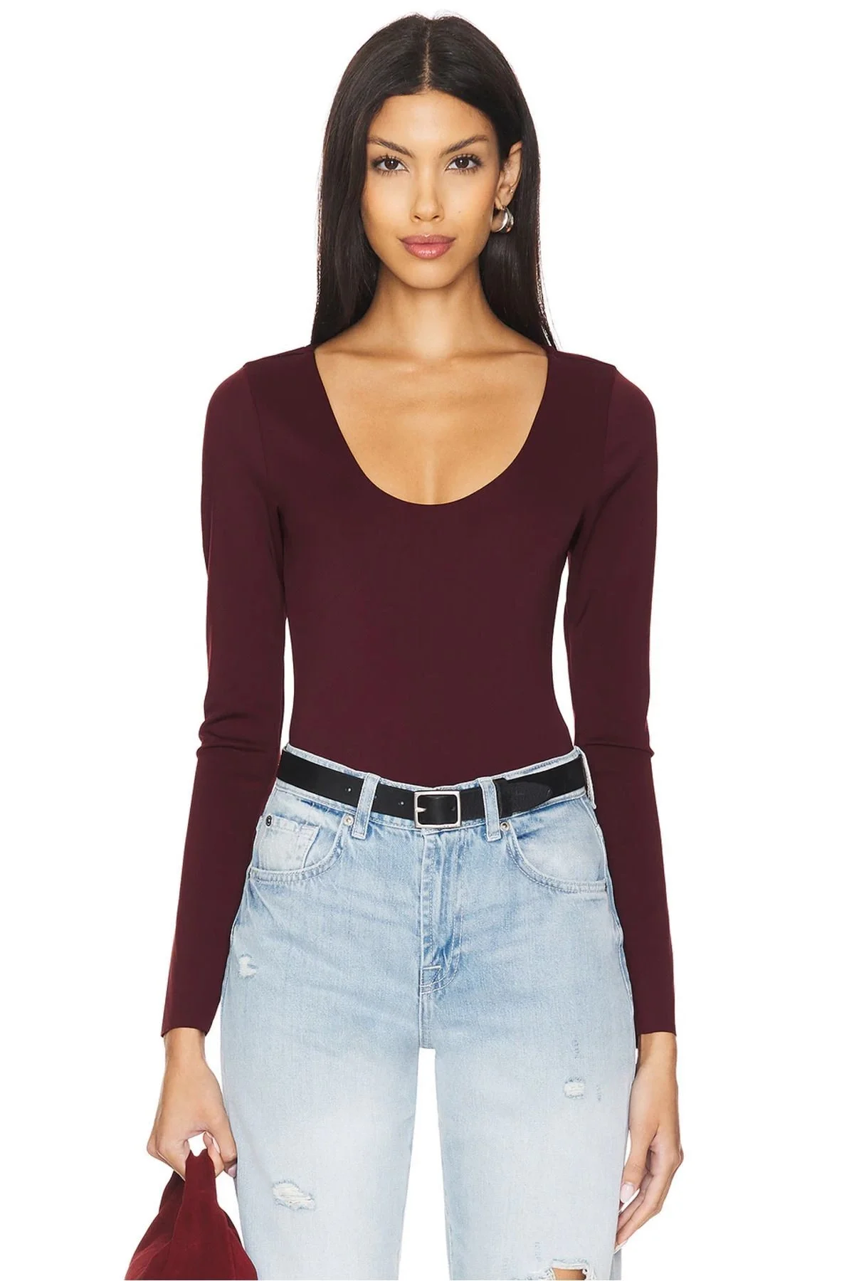 Kadın Bordo Geniş U Yaka Uzun Kollu İpek Jarse Kumaş Tanga Kesim Bodysuit Zıbın