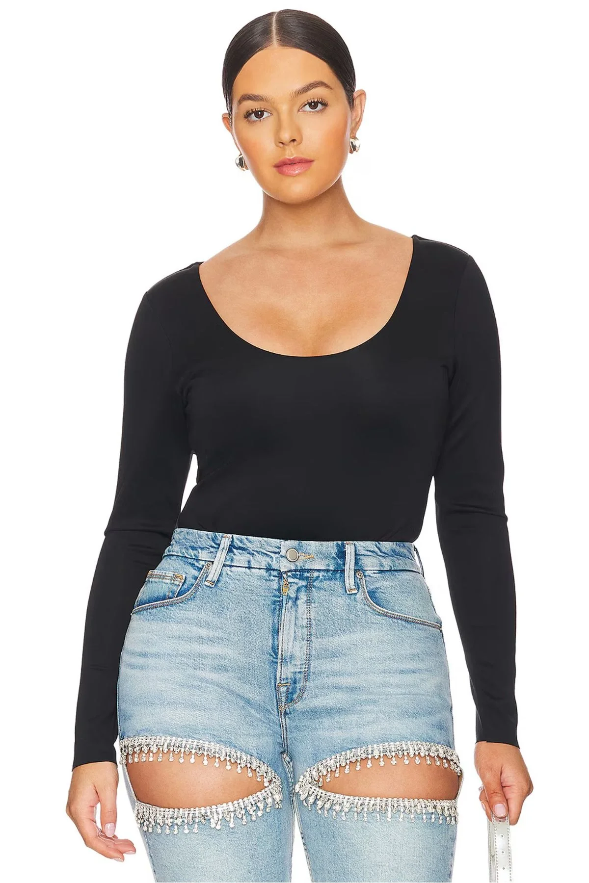 Kadın Siyah Geniş U Yaka Uzun Kollu İpek Jarse Kumaş Tanga Kesim Bodysuit Zıbın