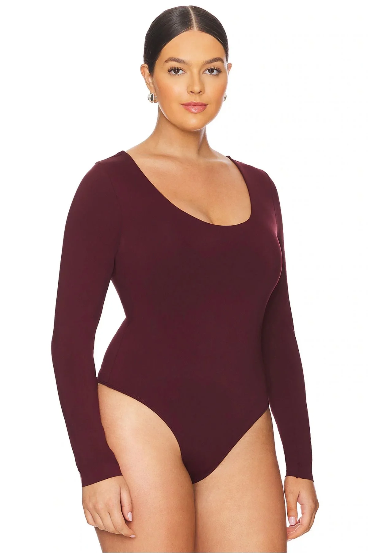Kadın Bordo Geniş U Yaka Uzun Kollu İpek Jarse Kumaş Tanga Kesim Bodysuit Zıbın