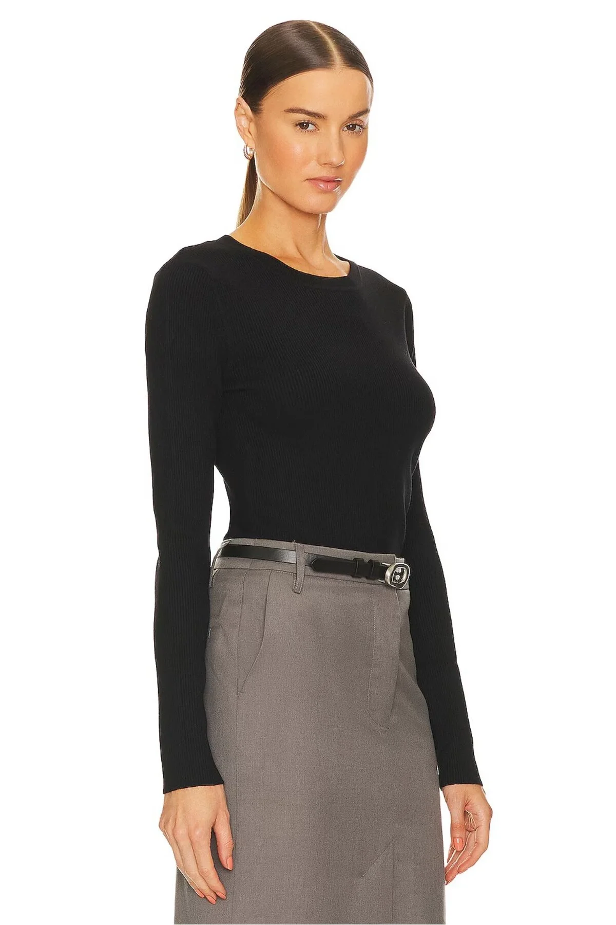 Kadın Siyah Bisiklet Yaka Uzun Kollu Çift Katlı Sandy Kumaş Basic Bluz