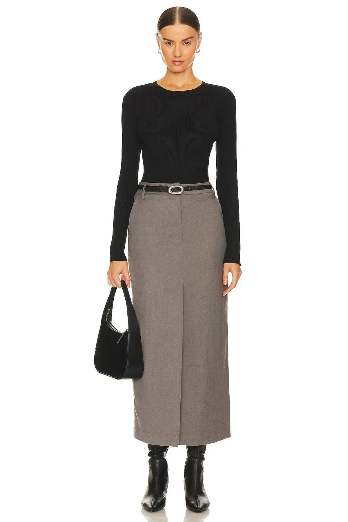 Kadın Siyah Bisiklet Yaka Uzun Kollu Çift Katlı Sandy Kumaş Basic Bluz