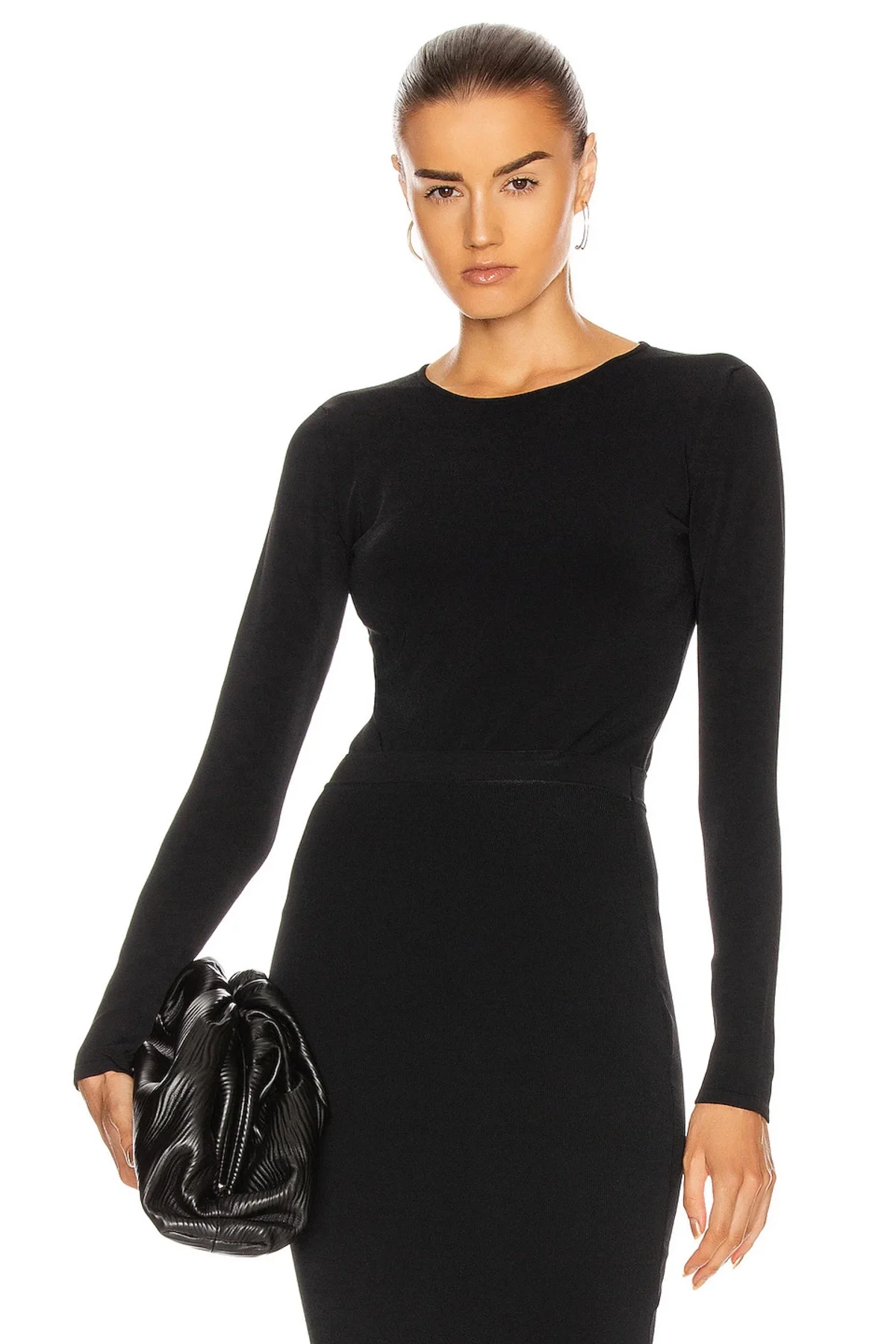 Kadın Siyah Bisiklet Yaka Uzun Kollu Çift Katlı Sandy Kumaş Tanga Bodysuit