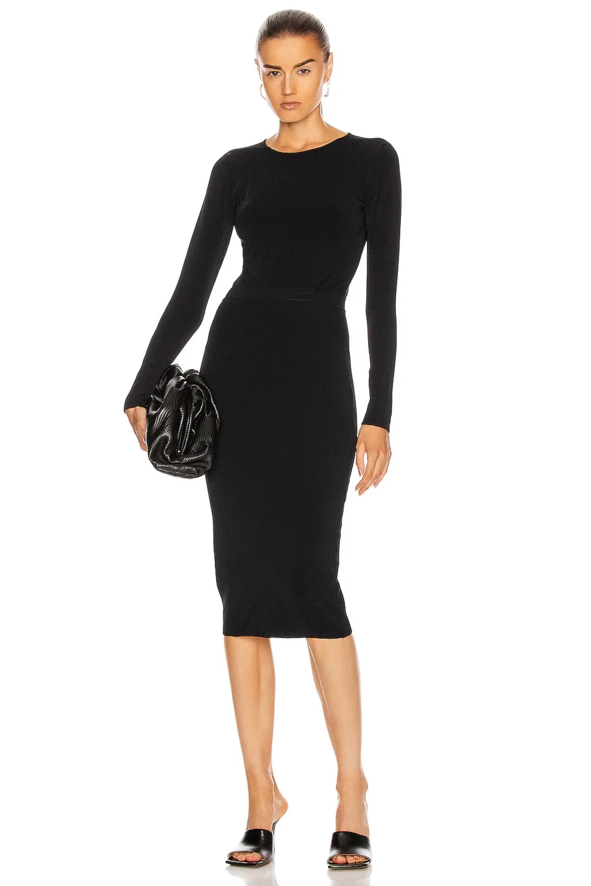 Kadın Siyah Bisiklet Yaka Uzun Kollu Çift Katlı Sandy Kumaş Tanga Bodysuit