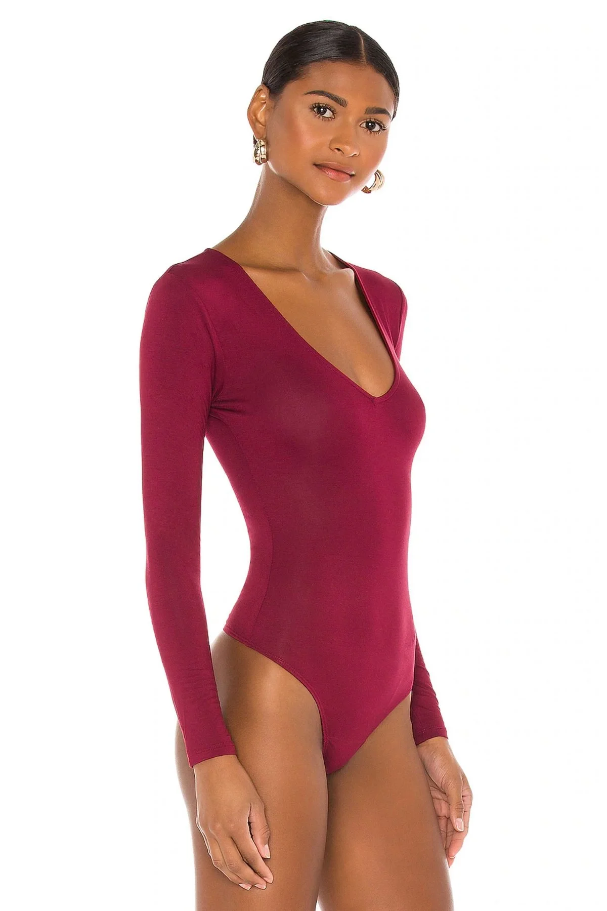 Kadın Bordo Derin V Yaka Uzun Kollu Sandy Kumaş Tanga Kesim Bodysuit Zıbın