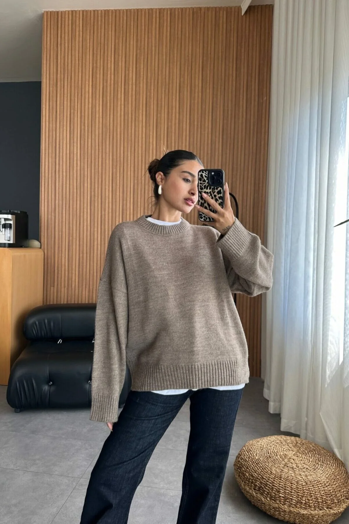 Kadın Bej Bisiklet Yaka Balon Kol Oversize Triko Kazak