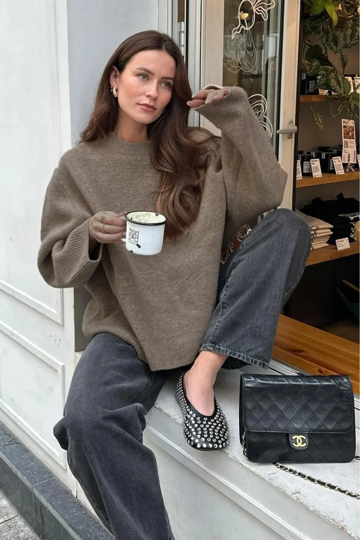 Kadın Bej Bisiklet Yaka Balon Kol Oversize Triko Kazak