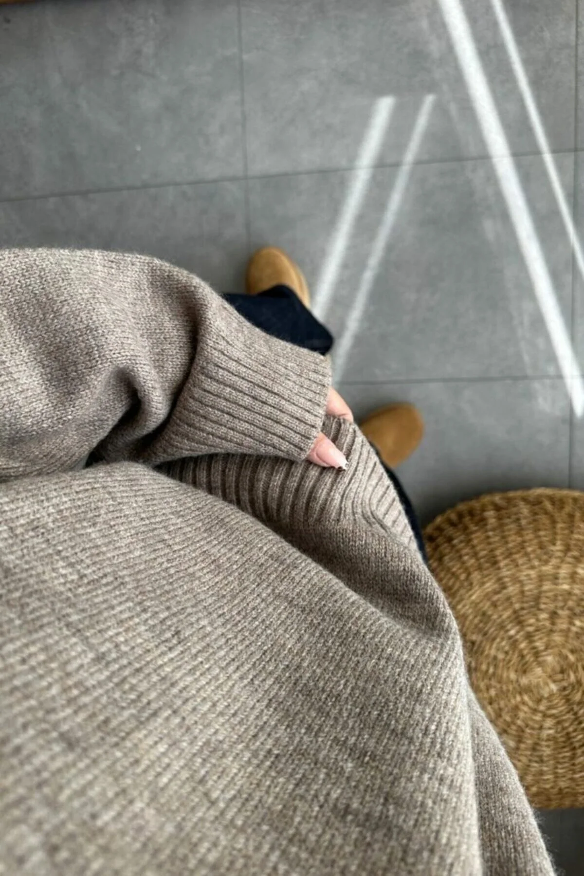 Kadın Bej Bisiklet Yaka Balon Kol Oversize Triko Kazak