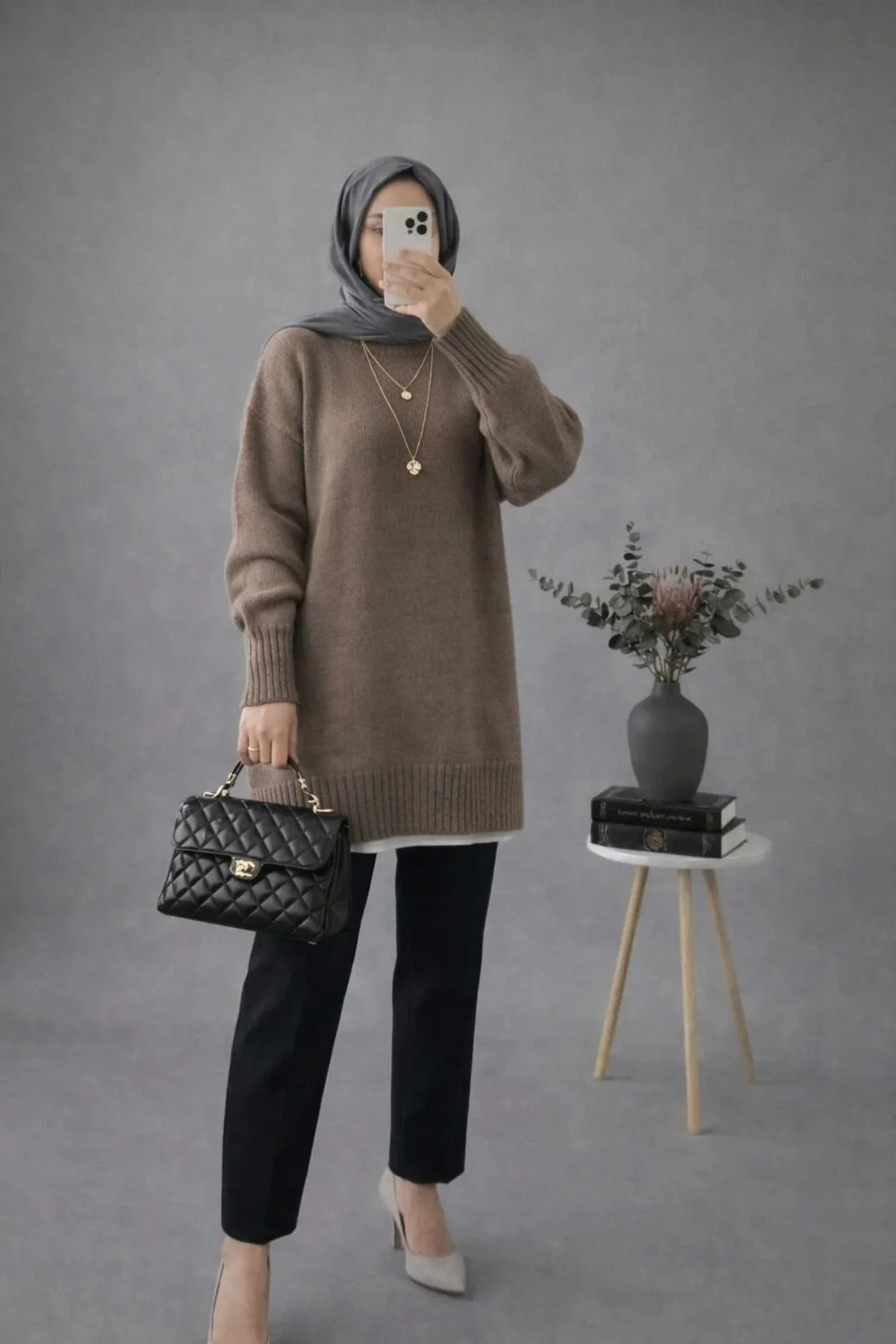 Kadın Vizon Bisiklet Yaka Oversize Triko Tunik Kazak