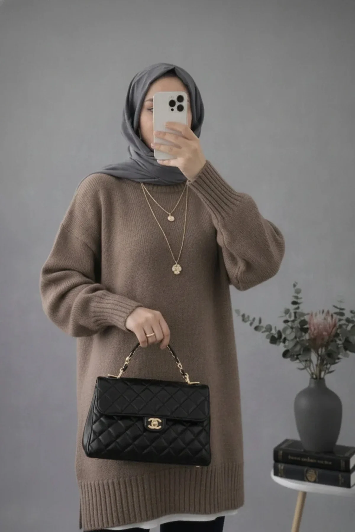 Kadın Vizon Bisiklet Yaka Oversize Triko Tunik Kazak