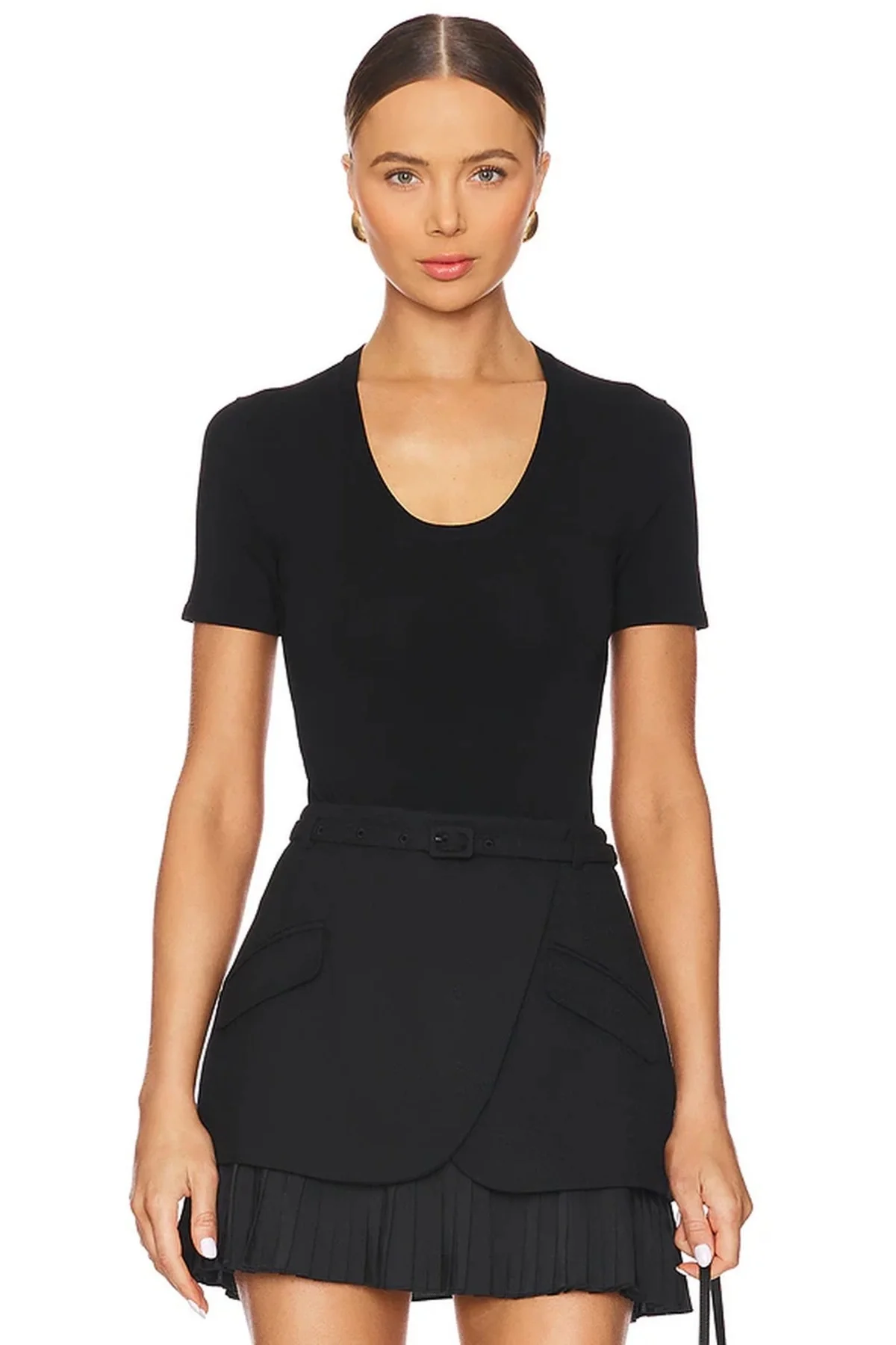 Kadın Siyah U Yaka Kısa Kollu Jarse Kumaş Vücudu Saran Tanga Kesim Bodysuit Zıbın