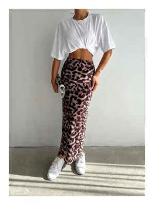 Kadın Kahverengi Yüksek Bel Leopar Desenli Uzun Midi Boy Kumaş Etek