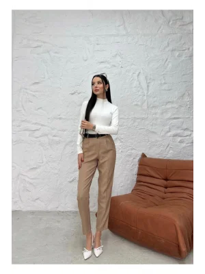 Kadın Yüksek Bel Straight Düz Kesim Pileli Klasik Kumaş Pantolon