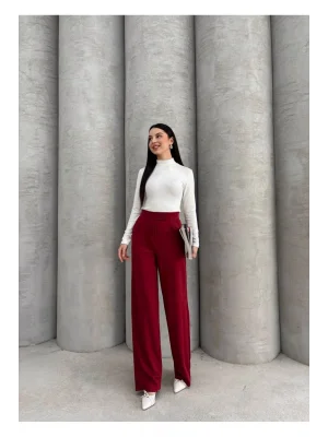 MetuCa Kadın Bordo Yüksek Bel Cırtlı Pileli Bol Paça Palazzo Model Kumaş Pantolon
