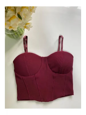 MetuCa Kadın Askılı Kalp Yaka Balenli Korse Detaylı Vücudu Saran Büstiyer Crop - Bordo