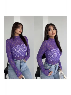 MetuCa Kadın Yarım Balıkçı Yaka Uzun Kollu File Desenli Dantel Transparan Bluz - Mor