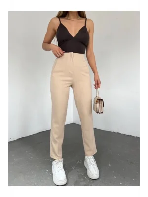 MetuCa Kadın Yüksek Bel Önü Dikişli Pens Detaylı Havuç Model Kumaş Pantolon - Bej