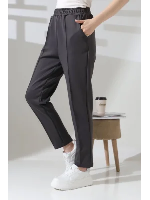 Kadın Koyu Gri Yüksek Bel Lastik Düz Renk Cepli Çizgili Bilek Boy Scuba Kumaş Jogger Pantolon