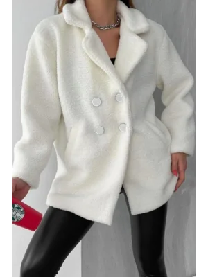 MetuCa Kadın Ekru Simli Astarlı Cepli Düğmeli Kalın Kruvaze Yaka Oversize Peluş Mont - Beyaz