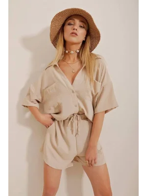 Kadın Ayrobin Kumaş Gömlek Şortlu Takım