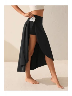 MetuCa Kadın Yüksek Bel Cepli Asimetrik Yırtmaçlı İçi Şortlu Taytlı Etek - Siyah