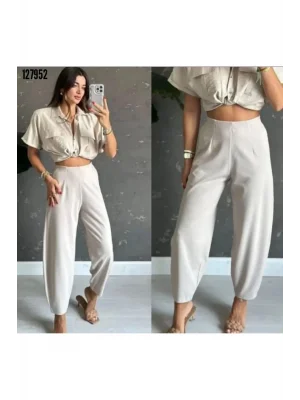 MetuCa Kadın Yüksek Bel Beli Lastikli Dökümlü Salaş Kesim Şalvar Model Krep Pantolon - Beyaz