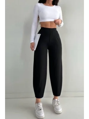 MetuCa Kadın Yüksek Bel Beli Lastikli Dökümlü Salaş Kesim Şalvar Model Krep Pantolon - Siyah