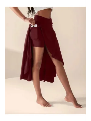 MetuCa Kadın Yüksek Bel Cepli Asimetrik Yırtmaçlı İçi Şortlu Taytlı Etek - Bordo