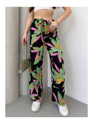 MetuCa Kadın Yüksek Bel Kuşaklı Tropikal Yaprak Desenli Bol Paça Palazzo Pantolon
