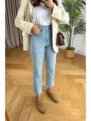 MetuCa Kadın Yüksek Bel Düz Paça Paçası Yırtmaçlı Pamuklu Mom Fit Jean Pantolon - Buz Mavi