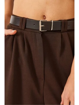 MetuCa Kadın Yüksek Bel Pileli Kemerli Bol Paça Palazzo Kumaş Pantolon - Kahverengi