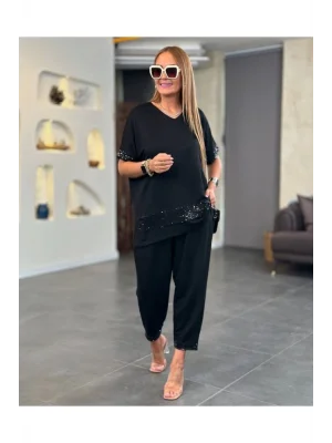 MetuCa Kadın V Yaka Pul Payet Detaylı Şalvar Pantolonlu Büyük Beden Takım - Siyah