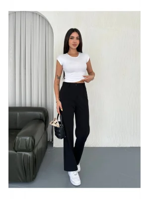 MetuCa Kadın Yüksek Bel Dikiş Detaylı Bol Paça Palazzo Model Kumaş Pantolon - Siyah