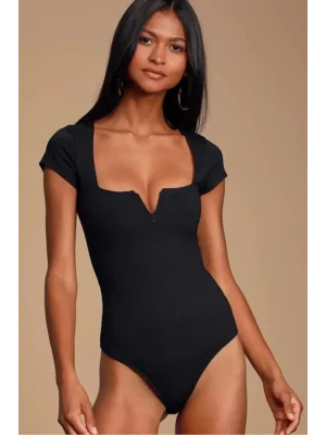 MetuCa Kadın Kalp Yaka Göğüs Dekolteli Kısa Kollu Kaşkorse Alttan Çıtçıtlı Bodysuit - Siyah