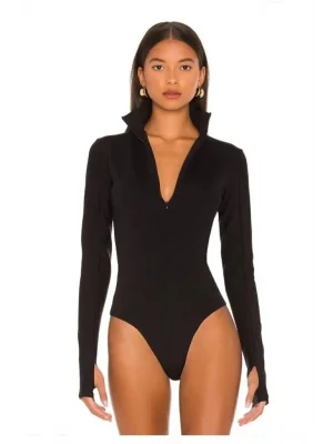 MetuCa Kadın Dik Yaka Fermuarlı Uzun Kollu Parmak Geçmeli Kaşkorse Bodysuit - Siyah