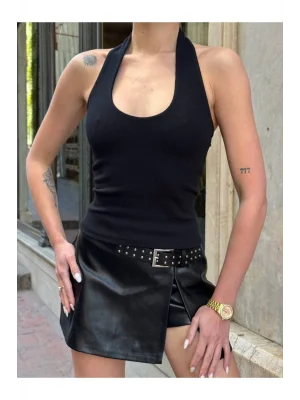 MetuCa Kadın Boyundan Bağlamalı Halter Yaka Vücudu Saran Fitilli Kaşkorse Atlet - Siyah