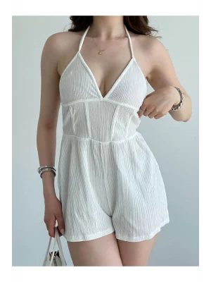 MetuCa Kadın Halter Yaka Derin V Yaka Sırt Dekolteli Gofre Kumaş Şort Tulum - Beyaz