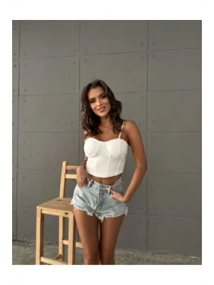 MetuCa Kadın Askılı Kalp Yaka Balenli Korse Detaylı Vücudu Saran Büstiyer Crop - Beyaz