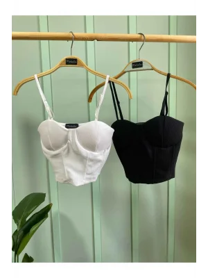 MetuCa Kadın Askılı Kalp Yaka Balenli Korse Detaylı Vücudu Saran Büstiyer Crop - Siyah