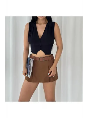 MetuCa Kadın Derin V Yaka Düğmeli Drapeli Asimetrik Kesim Vücudu Saran Crop Bluz - Siyah