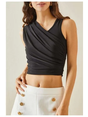 MetuCa Kadın Tek Omuz Drapeli Vücuda Oturan Kolsuz Şık Likralı Sandy Kumaş Crop Bluz - Siyah