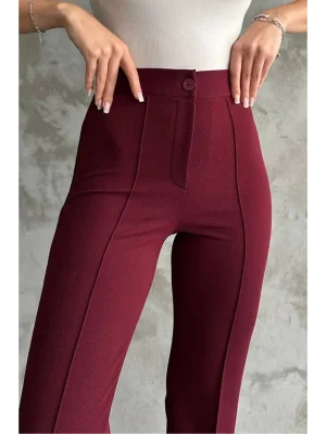 MetuCa Kadın Yüksek Bel Önü Dikişli İspanyol Paça Vücudu Saran Krep Kumaş Pantolon - Bordo