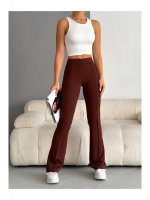 MetuCa Kadın Yüksek Bel Önü Dikişli İspanyol Paça Krep Kumaş Pantolon - Kahverengi